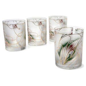 Vintage CULVER Frosted Whiskey Bar Glasses Gold Trim Abstract Design Retro x4